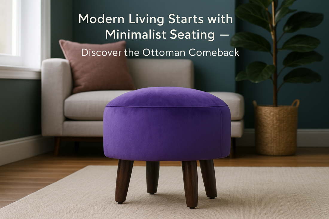 Modern living room with non-storage ottoman stool in premium fabric, styled in a minimalist interior with soft natural lighting and neutral decor tones