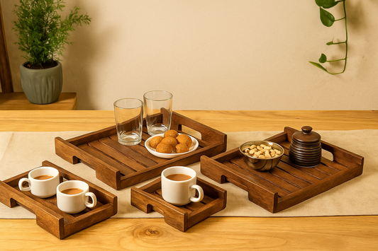 rustic wooden tray set made in india by sinecraft creatiions