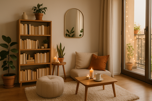 Aesthetic home interior featuring a cozy reading nook with ottoman stool, SS PVD mirror, wooden bookshelf, and a fairy-lit balcony corner — perfect for Instagram-worthy décor