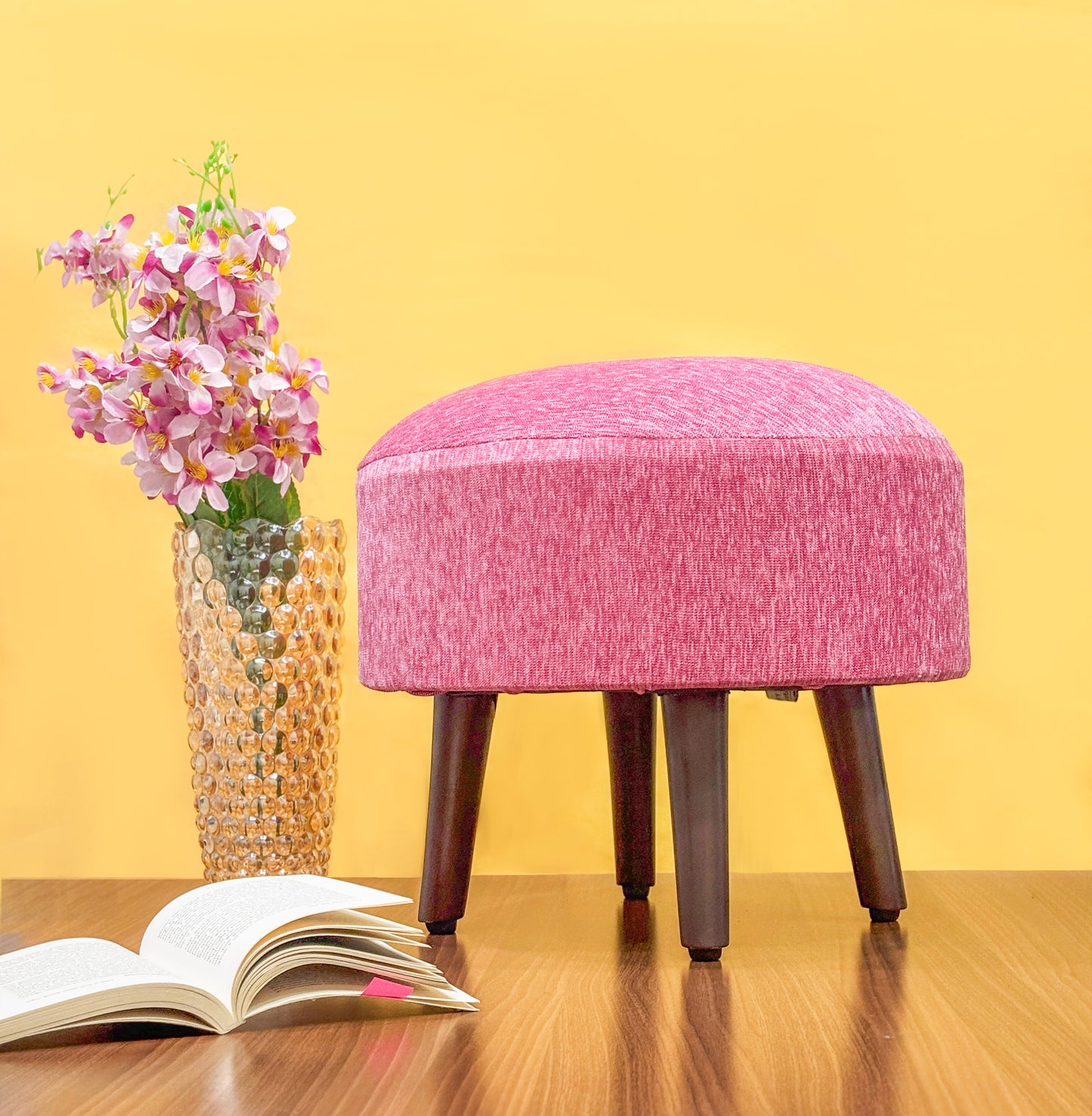 SineCRAFT Creations Ottoman Stool for Living Room - footrest with 4 Wooden Legs 14 Inch Fuchsia Pink
