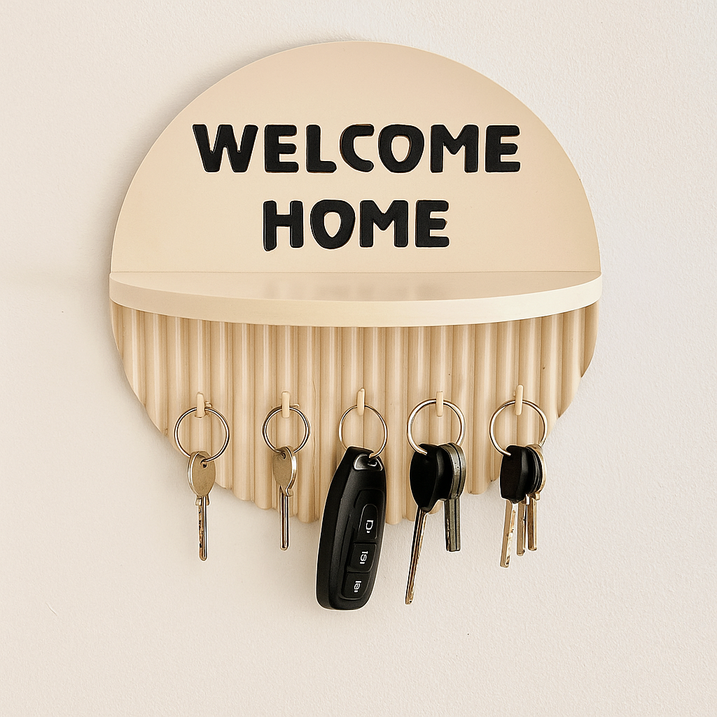 10 Inch Modern Ivory Key Holder with Quote “Welcome Home” – 5 Hooks & Storage Shelf | Fireproof Wooden Wall Organizer