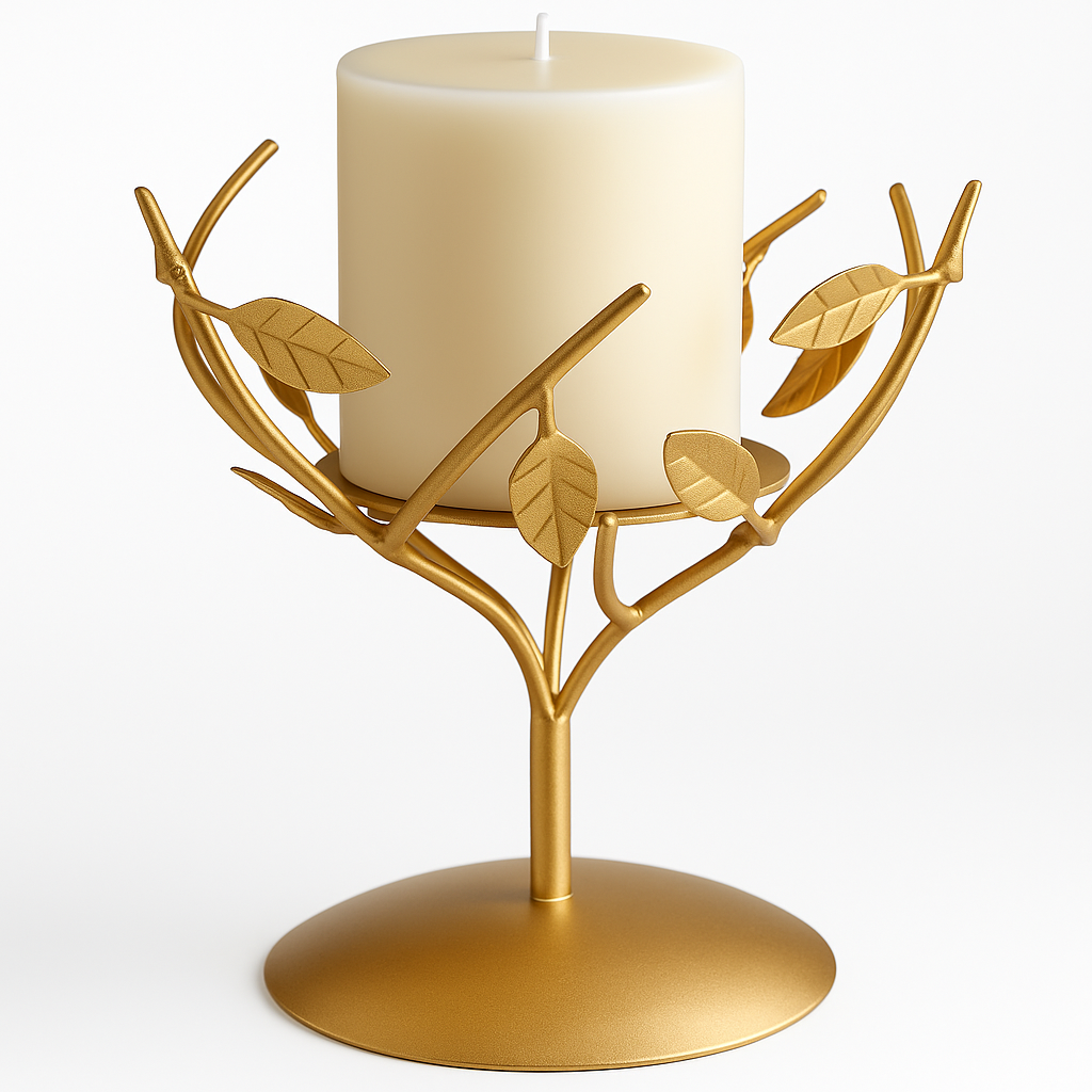 Sinecraft Creations Golden Leaf Pillar Candle Stand – Festive Gold (Stand Only 5 Inches)