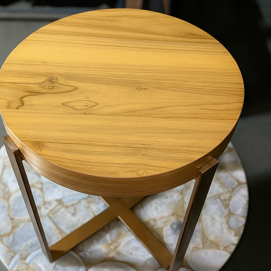 Sinecraft Creations Round Wooden-Top Coffee (Natural Teak Color) Table with High-Gloss Gold Iron(18 Inches" Height)