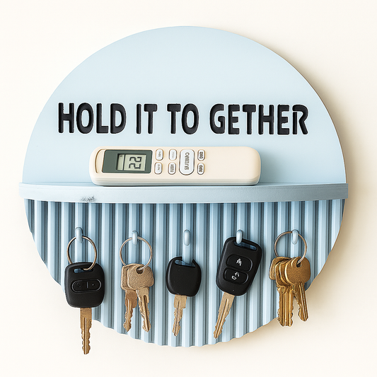 10 Inch Modern Light Blue Key Holder with Quote “Hold it Together” – 5 Hooks & Storage Shelf | Fireproof Wooden Wall Organizer