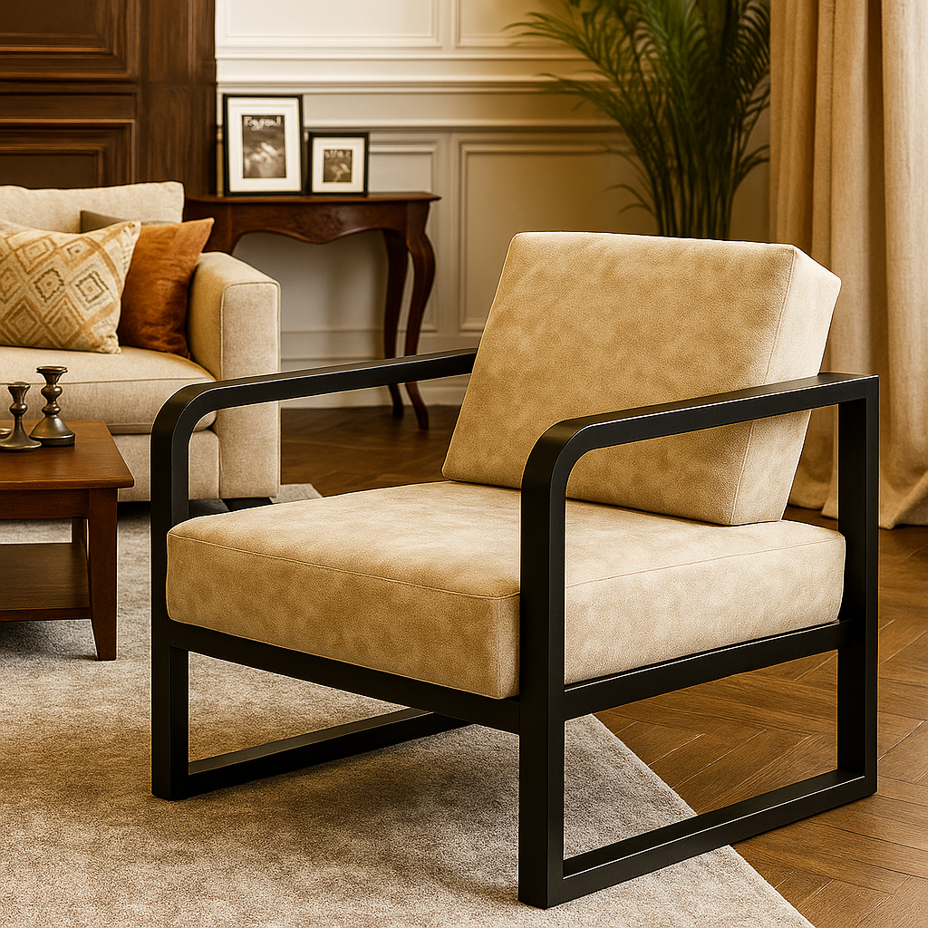 Handcrafted Wrought Iron Chair with Cream Textured Cushion– Powder-Coated Premium Finish