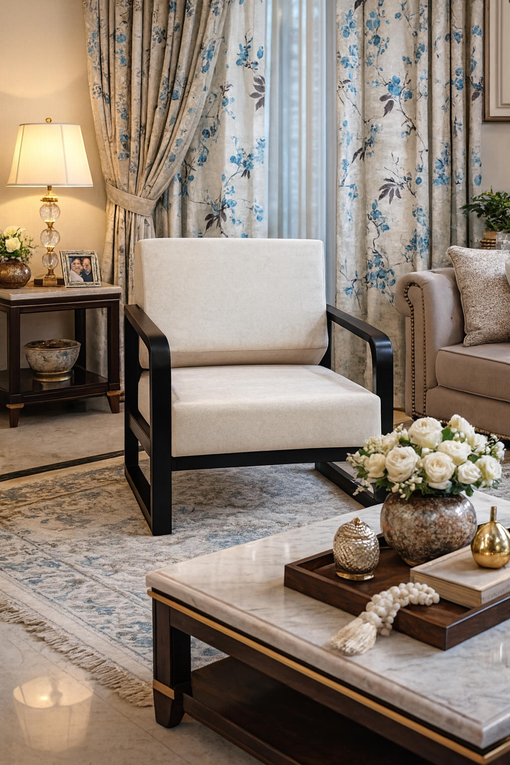 Handcrafted Wrought Iron Chair with Ivory Stone Cushions – Powder-Coated Premium Finish