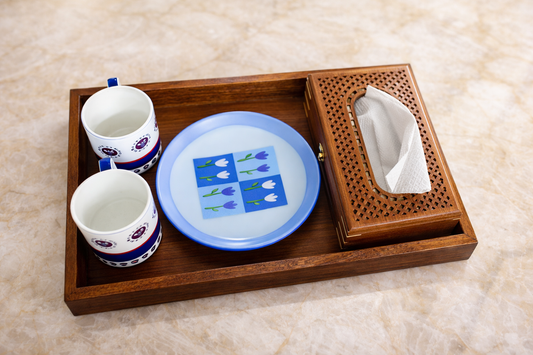 Wooden Serving Tray with Tissue Box Set