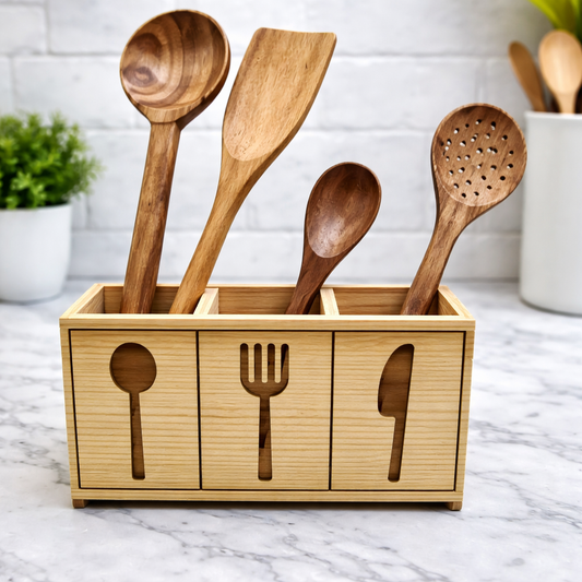 Pinewood Cutlery Holder 10 x 5 Inch | Wooden Kitchen Organizer Stand
