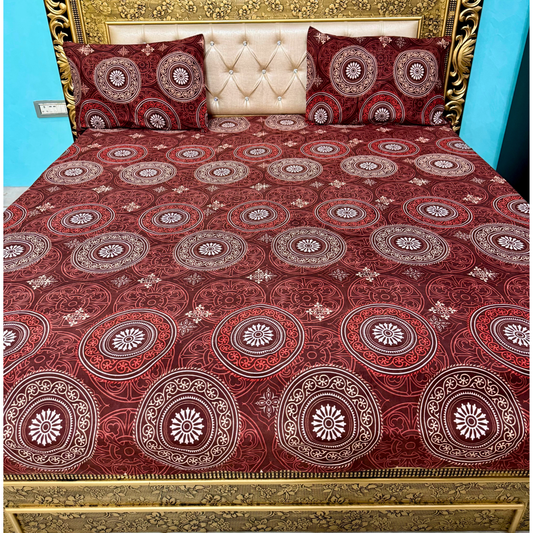 SineCRAFT Creations Double Bed Bedsheets 90X100 Inches 240 TC Glace Cotton King Size with 2 Pillow Covers(Red Geometrical Circles)