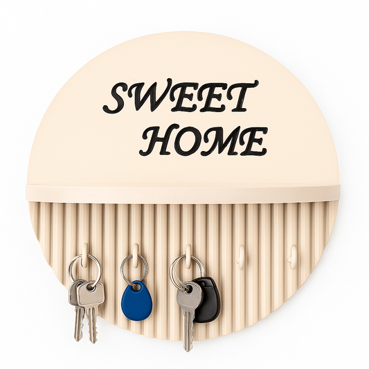 10 Inch Modern Ivory Key Holder with Quote “Sweet Home” – 5 Hooks & Storage Shelf | Fireproof Wooden Wall Organizer