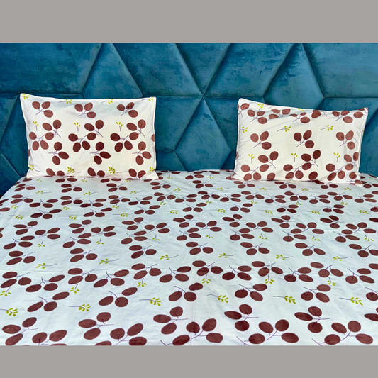 SineCRAFT Creations 90X100 Inches 240 TC Glace Cotton King Size Double Bed Bedsheets with 2 Pillow Covers - White & Red Leaves
