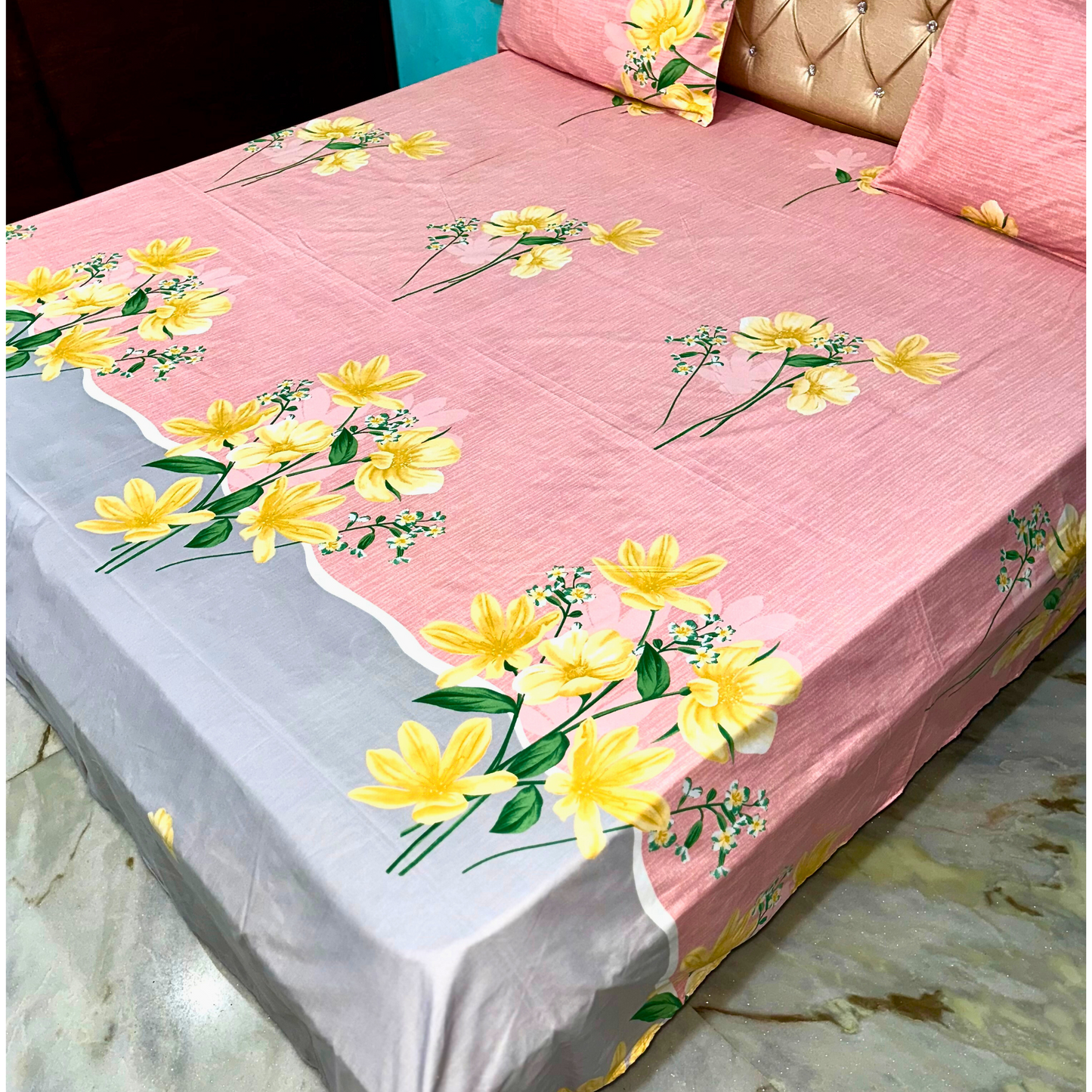 SineCRAFT Creations Super King Size 108X108 Inches Super Soft Cotton Double Bed Bedsheet with 2 Pillow Covers (Pink Floral)