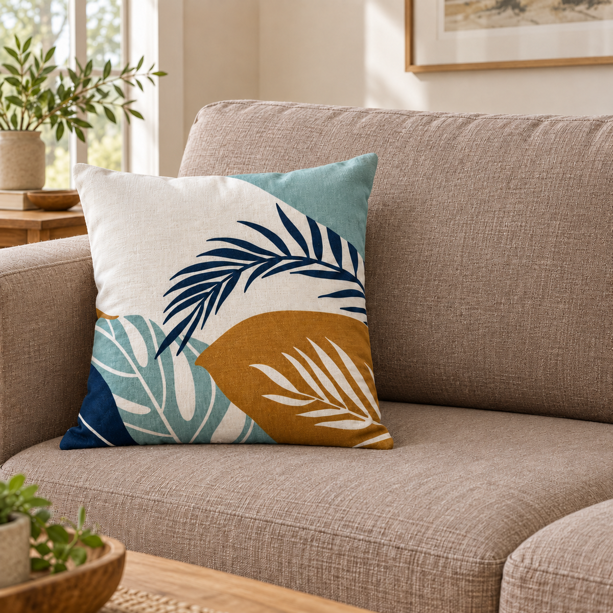Ivory cushion cover with navy palm fronds and aqua and mustard leaf motifs, displayed on a filled cushion on a beige sofa.
