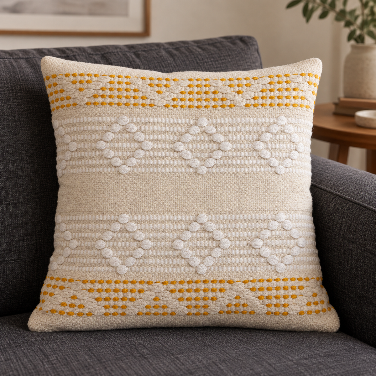 Ivory textured cushion cover with raised white zigzag patterns and mustard dotted bands, displayed on a filled cushion on a charcoal sofa.