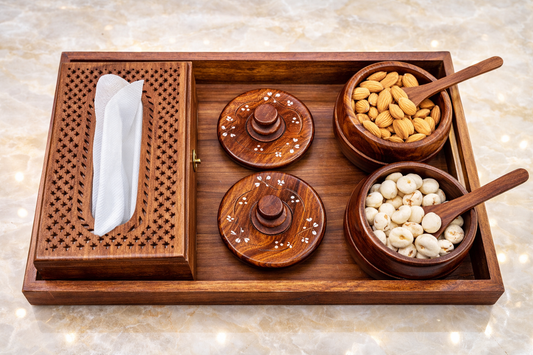 Wooden tray set for coffee table with tissue box and jar