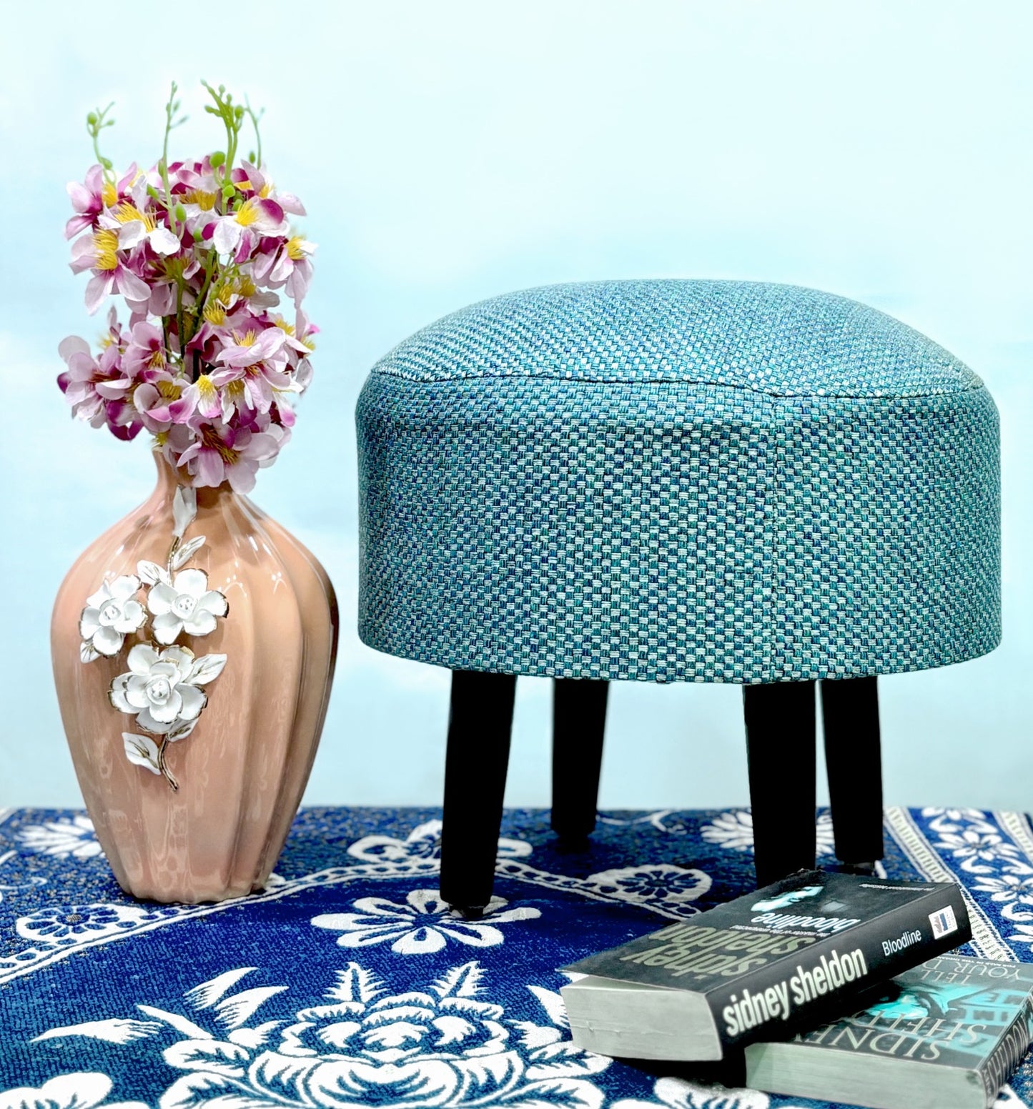 SineCRAFT Creations Ottoman Stool for Living Room - footrest with 4 Wooden Legs 14 Inch Teal Blue