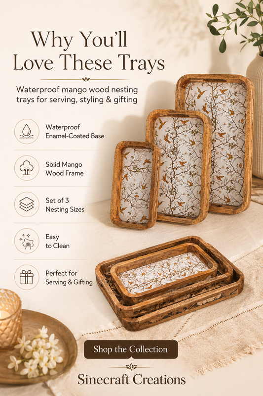 Birdsong waterproof mango wood enamel tray set of 3 with bird and branch design for serving and gifting