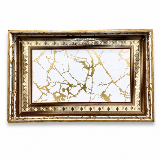 Decorative tray with gold marble pattern and ornate gold frame on a white background