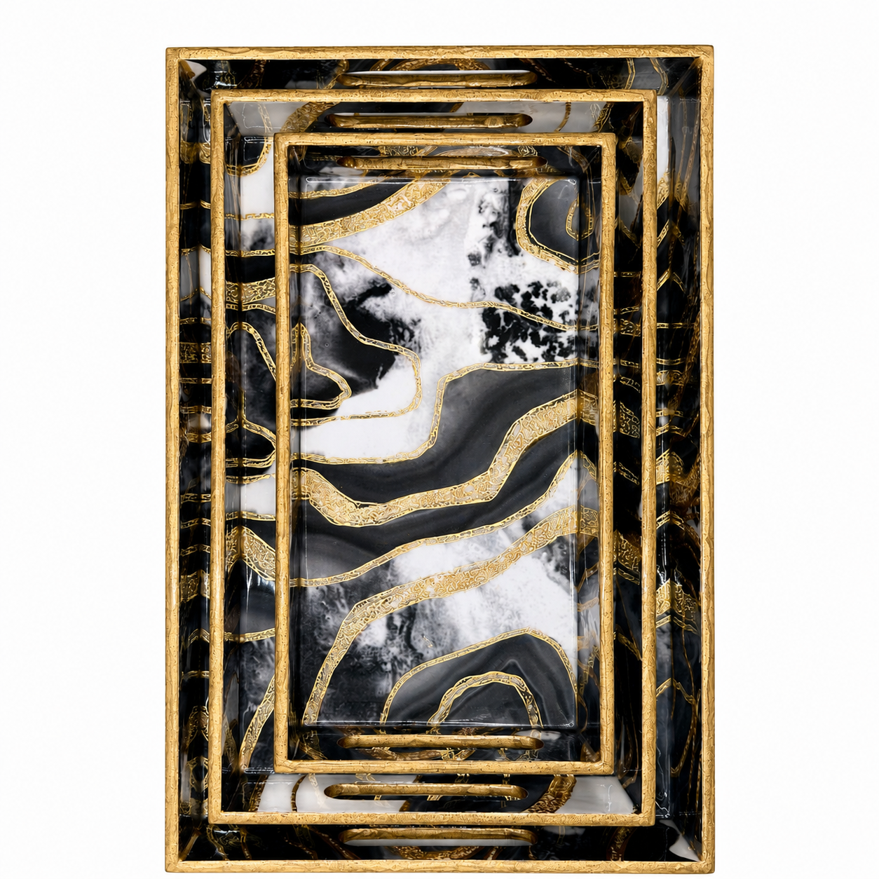 Enamel Coated Set of 3 Serving Trays with Black White Marble Wave Design – Waterproof Nested Trays