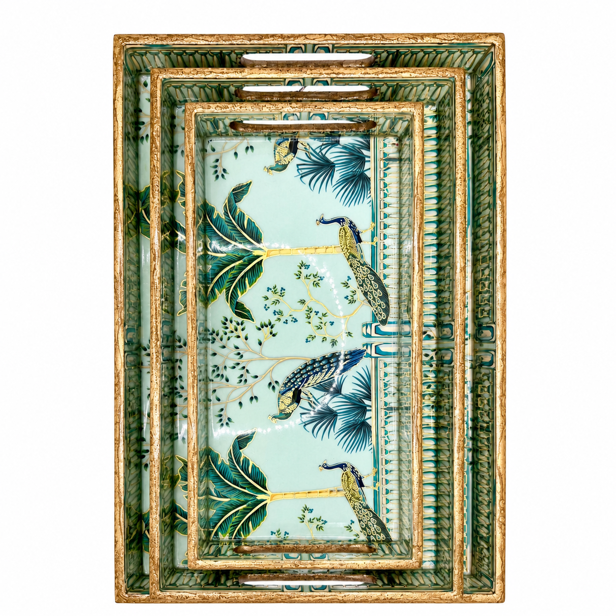 Enamel Coated Set of 3 Serving Trays with Peacock Tropical Design – Waterproof Nested Trays
