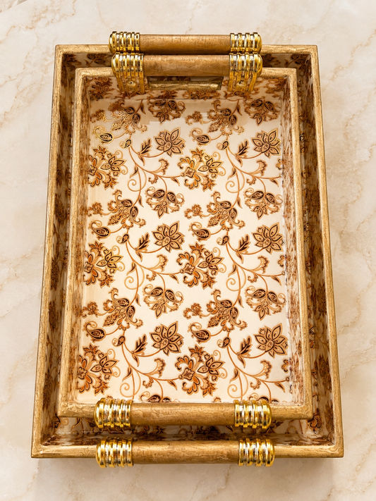 Top view of Heritage Floral Vine enamel-coated serving tray set of 2 with elegant wooden handles and glossy spill-resistant finish
