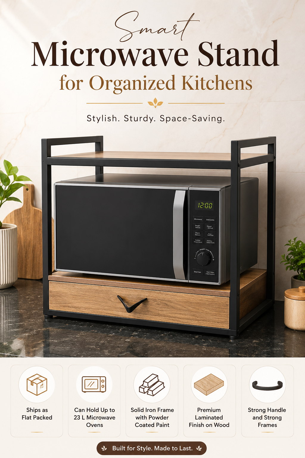 Pinterest-style infographic of a black metal and wood microwave stand showing key features including flat-packed shipping, support for up to 23 litre microwave ovens, powder coated solid iron frame, premium laminated wood finish, and strong handle and frame.