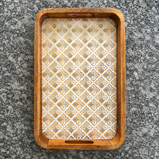 Large Royal Jali waterproof mango wood enamel serving tray with glossy gold and grey patterned base