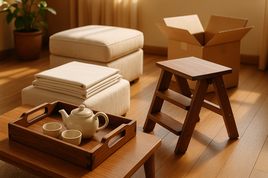 Sinecraft Creations workshop-to-home quality: ottoman, foldable step stool, wooden tray, and neatly folded 108x108 bedsheet.