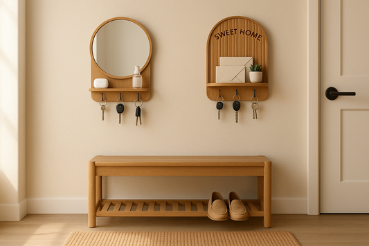 Round-mirror wall key holder by Sinecraft Creations with hooks and storage ledge.