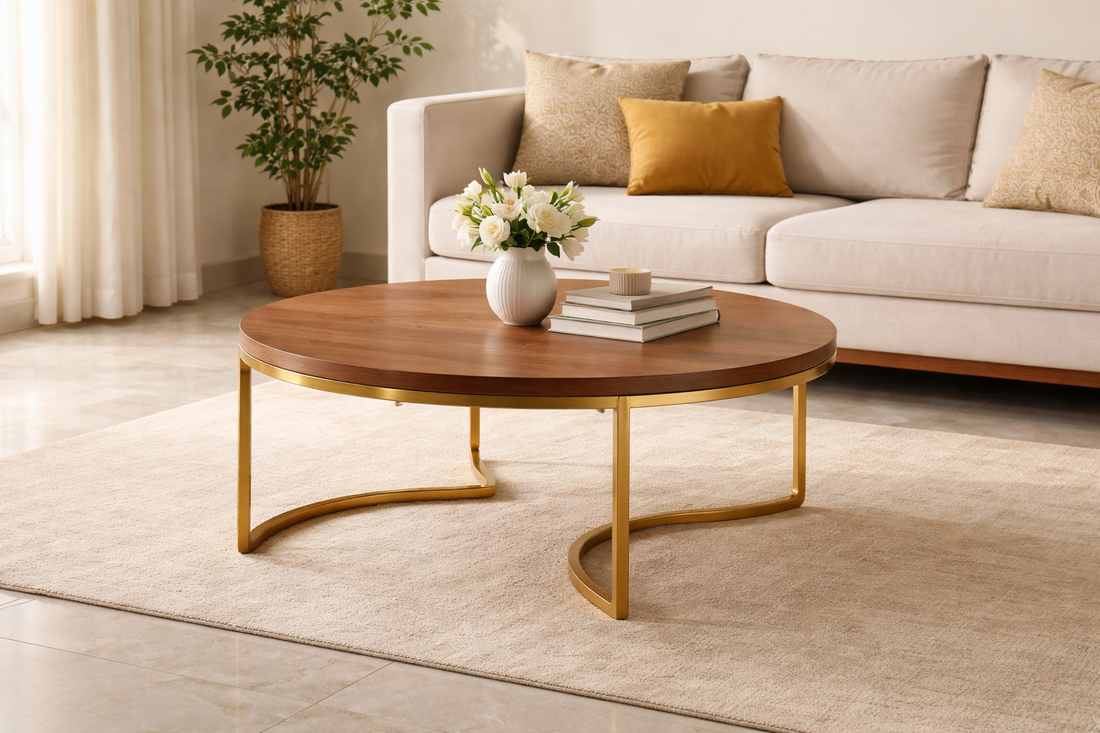 A high end coffee table made by sinecraft creations in India placed in a living room