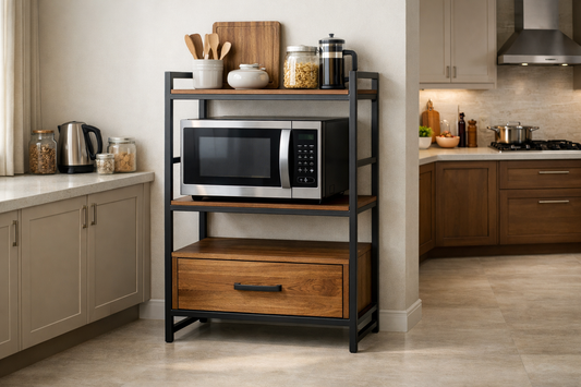 Microwave oven placed on an iron and wooden microwave stand with drawer and upper rack in a modern Indian kitchen