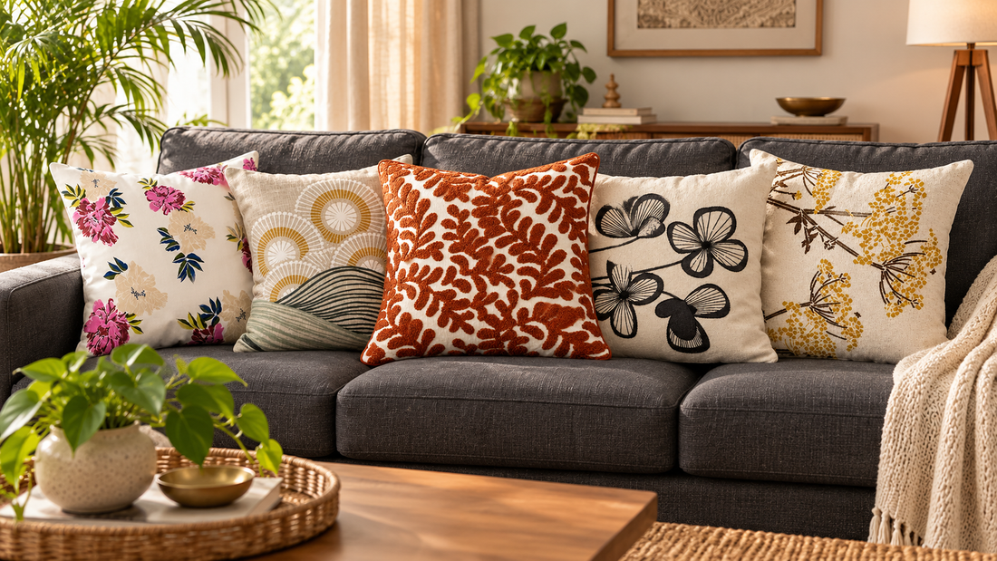 Five floral and embroidered cushion covers arranged on a charcoal sofa in a bright living room.
