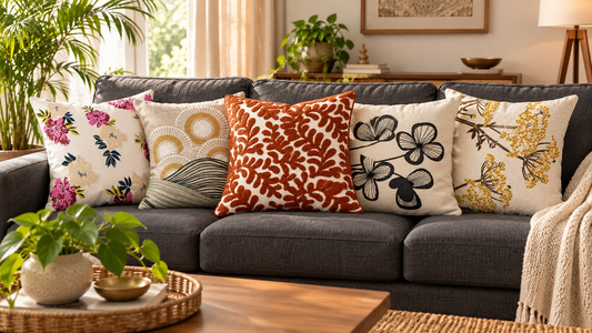 Five floral and embroidered cushion covers arranged on a charcoal sofa in a bright living room.
