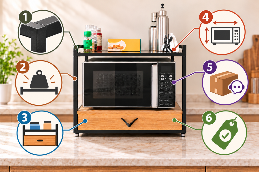 Infographic of a black metal microwave stand with an oak drawer, showing six checks: frame quality, stability, storage, fit, delivery and value.