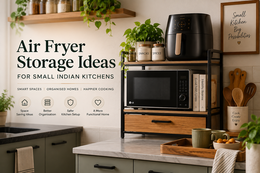 Air fryer storage ideas for a small Indian kitchen with microwave rack, drawer and organised countertop setup