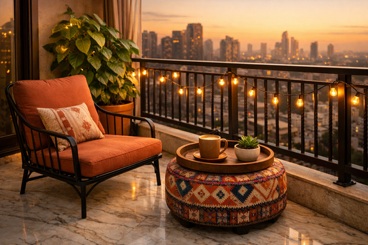 Indian apartment balcony styled with wrought iron lounge chair, ottoman stool, wooden tray and terracotta plant pot — best balcony furniture India 2026 by Sinecraft Creations