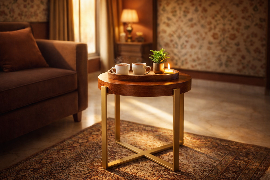 Round wrought iron coffee table with walnut wood top styled  with chai cups and wooden tray in warm Indian living room  — Sinecraft Creations