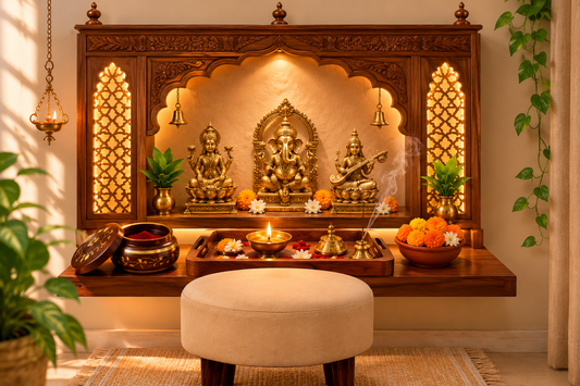 Indian home pooja corner with sheesham wood tray, brass inlay jar, diya and agarbatti — ottoman stool in front for sitting prayer — pooja corner decor ideas India by Sinecraft Creations