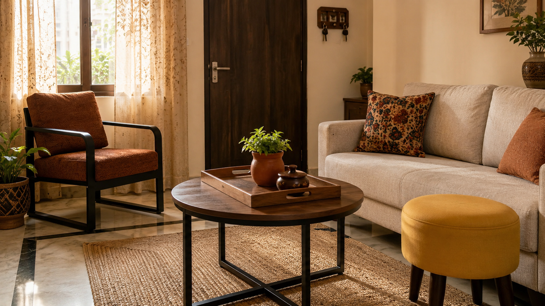 Indian 1BHK apartment living room decorated with wrought iron lounge chair, round coffee table, ottoman stool and wooden tray — 1BHK apartment decor ideas India 2026 by Sinecraft Creations