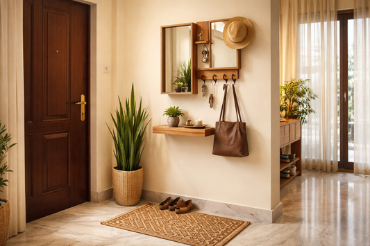 : Indian home entryway decorated with wall-mounted key holder, wooden tray, mirror and indoor plant — entryway decor ideas by Sinecraft Creations India