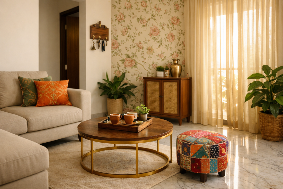  Small Indian living room styled to look bigger with round coffee table, ottoman stool, wooden serving tray and sheer curtains — space saving decor ideas by Sinecraft Creations India