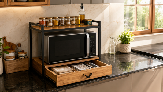 Sinecraft powder coated microwave oven rack with drawer and top shelf in Indian modular kitchen — black metal frame wooden finish — kitchen storage organiser India by Sinecraft Creations