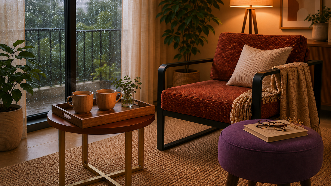 Wooden serving tray with two chai cups styled on a round coffee table in a cosy Indian monsoon living room.