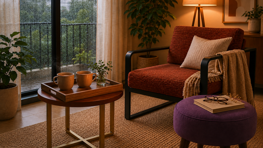 Wooden serving tray with two chai cups styled on a round coffee table in a cosy Indian monsoon living room.