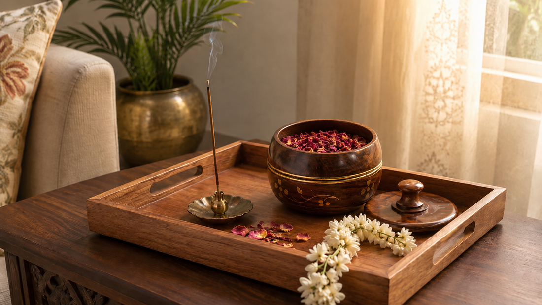 Indian home interior with agarbatti holder on wooden tray, sheesham wood jar with dried flowers, fresh mogra near entrance — natural home fragrance guide India by Sinecraft Creations