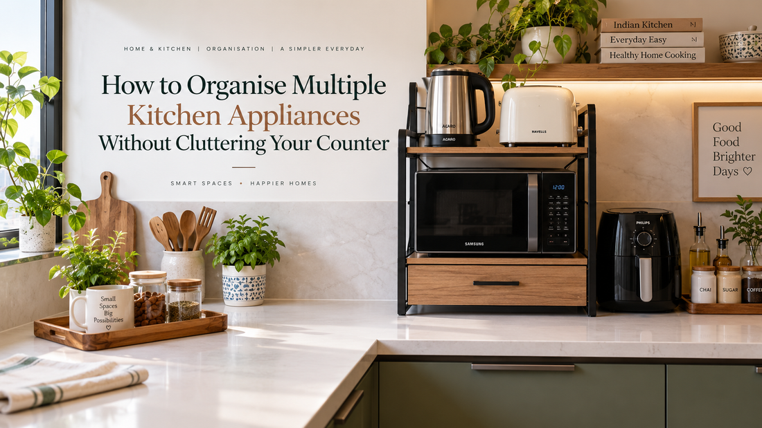 Organised kitchen counter with microwave rack, air fryer, kettle and toaster arranged to reduce appliance clutter