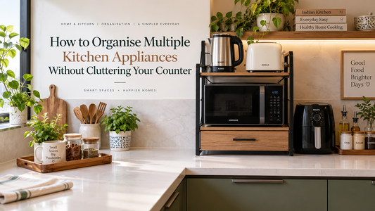 Organised kitchen counter with microwave rack, air fryer, kettle and toaster arranged to reduce appliance clutter