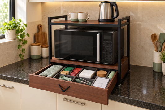 Sinecraft mahogany microwave oven rack with an open drawer storing oven mitts, tea sachets, napkins, coasters and small kitchen accessories.