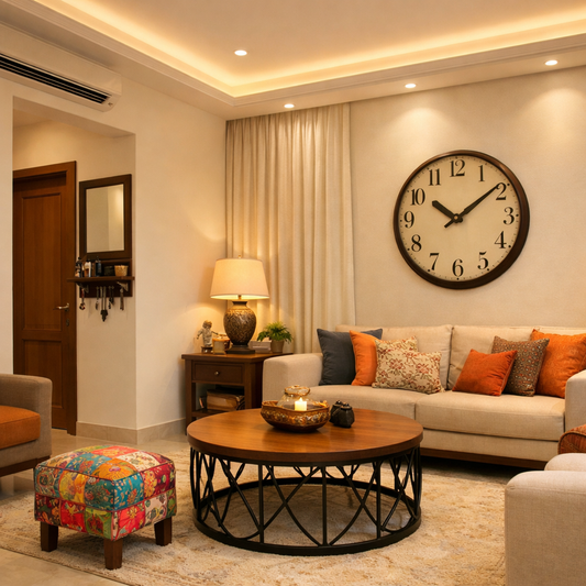 Indian living room with POP false ceiling, cove lighting, curtain pelmet and wrought iron coffee table — false ceiling renovation ideas India 2026 by Sinecraft Creations