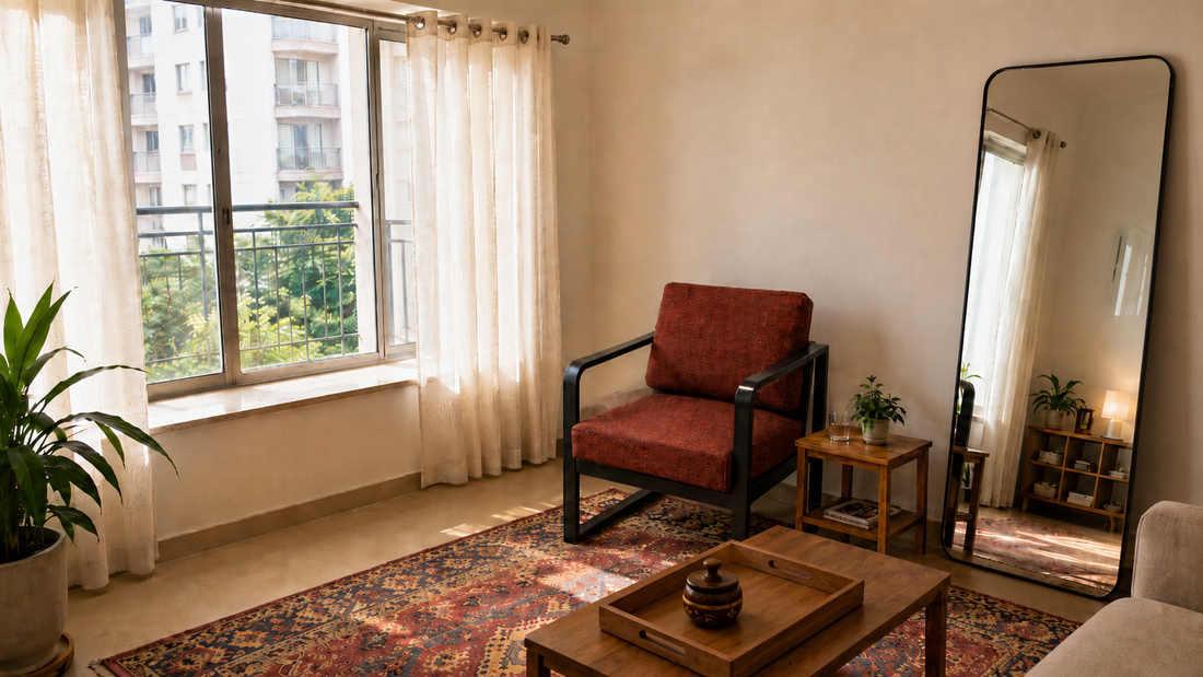 Indian rental apartment living room styled without drilling — wrought iron lounge chair, leaning mirror, ottoman stool, wooden tray on dresser — rental decor India by Sinecraft Creations